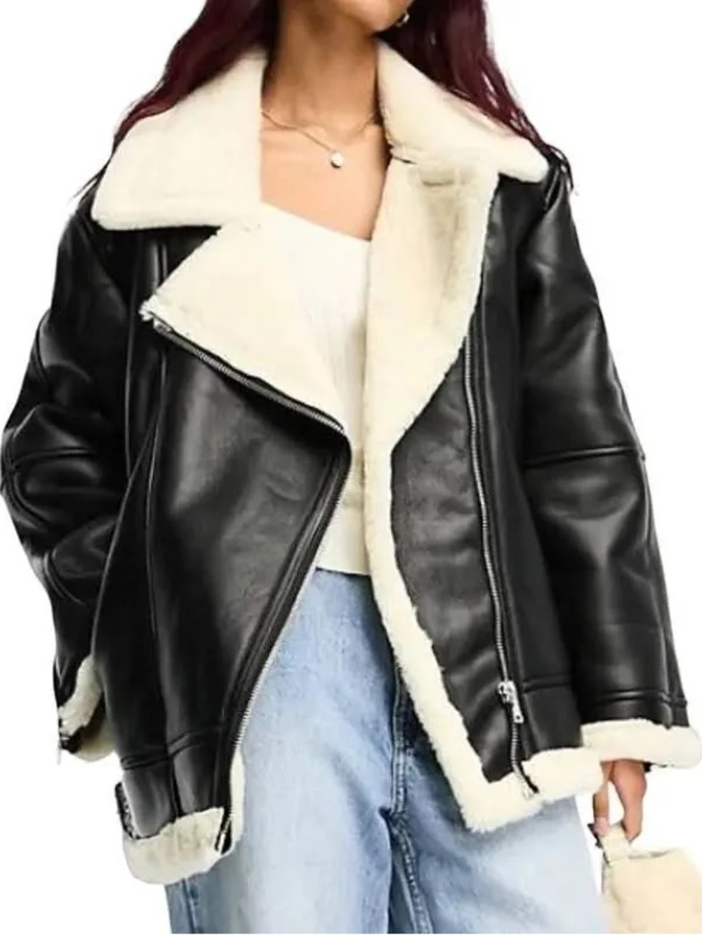 ASOS Black Faux-Leather Shearling Jacket with Cream Lining